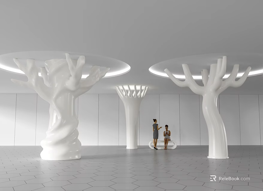 White Tree Like Columns In Modern Indoor Space With Circular Lighting And Hexagonal Tiles 3d model 