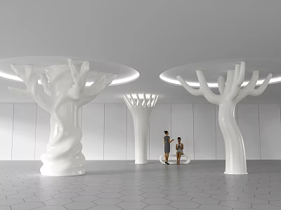 White Tree Like Columns In Modern Indoor Space With Circular Lighting And Hexagonal Tiles 3d model