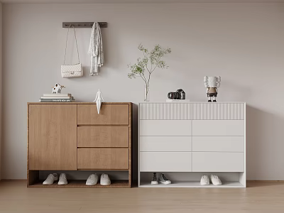 Brown And White Wooden Shoe Cabinet Design With Shoes And Decorative Plants 3d model