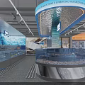 Fresh Seafood Retail Display Area With Large Aquariums Circular Marble Counter And Ceiling Sign