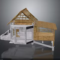Traditional Architecture With Exposed Wooden Trusses Sloped Roof White Stone Base And Extended Terrace