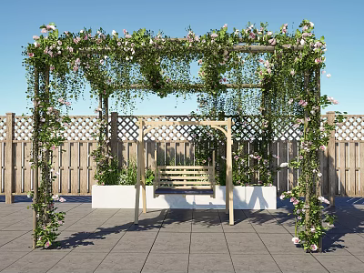 Charming Garden Arbor Adorned with Climbing Vines Flowers and Wooden Bench on Stone Patio 3d model