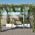 Charming Garden Arbor Adorned with Climbing Vines Flowers and Wooden Bench on Stone Patio