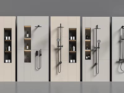 Modern Neutral Bathroom Cabinetry Design With Storage Shelves And Shower Fixtures 3d model