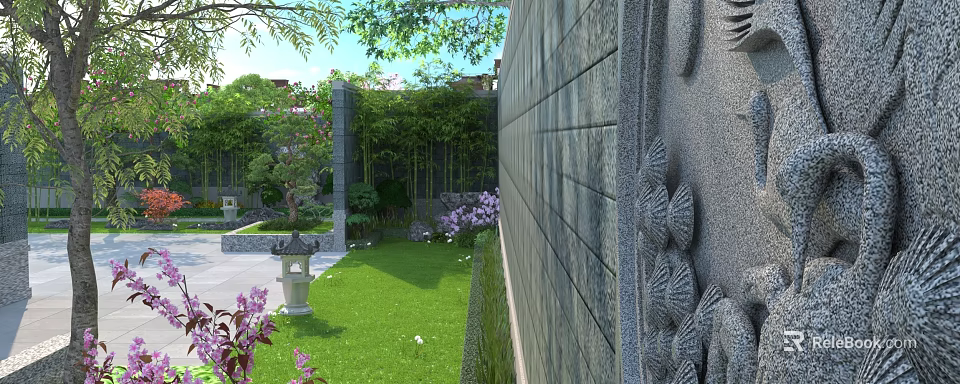 Serene Traditional Chinese Garden Landscape With Stone Wall Bamboo Lawn Stone Lantern And Purple Flowers 3d model 