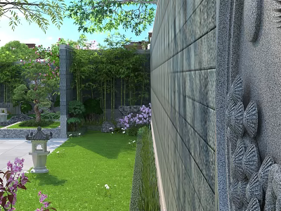Serene Traditional Chinese Garden Landscape With Stone Wall Bamboo Lawn Stone Lantern And Purple Flowers 3d model
