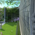 Serene Traditional Chinese Garden Landscape With Stone Wall Bamboo Lawn Stone Lantern And Purple Flowers