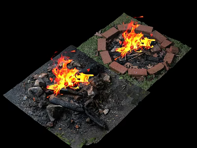 Two Outdoor Fire Pits Circular Brick Square Stone With Burning Flames Wood Logs Ashes 3d model