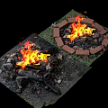 Two Outdoor Fire Pits Circular Brick Square Stone With Burning Flames Wood Logs Ashes