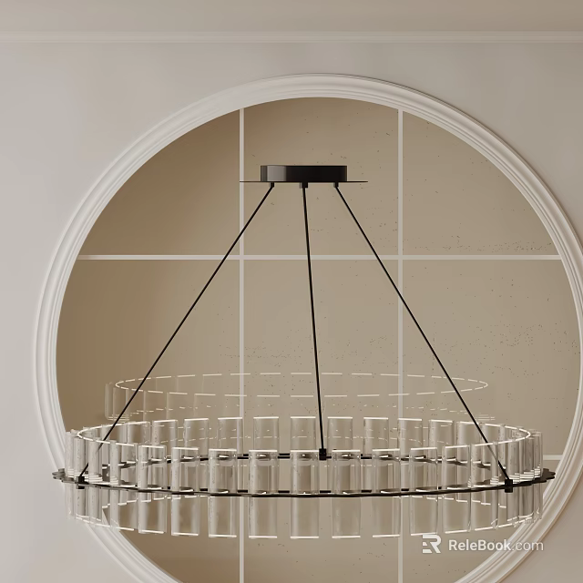 Modern Transparent Glass Chandelier with Black Metal Frame and Circular Hanging Design 3d model 