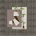 Modern Minimalist Wall Decor With Geometric Shapes And Green Foliage On Gray Wall