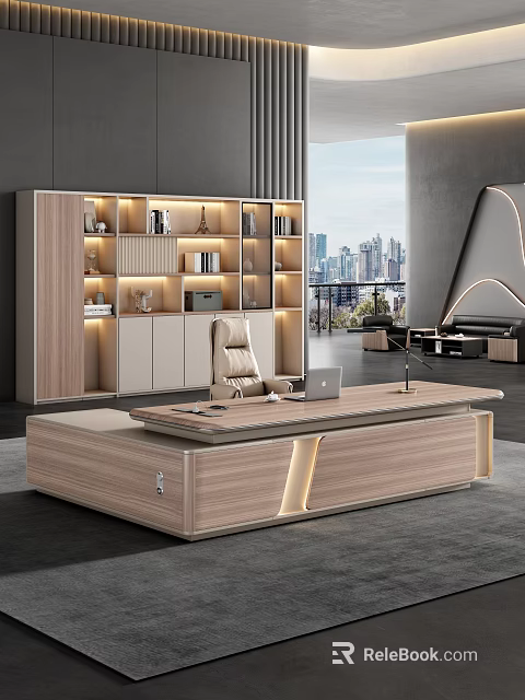 Spacious Modern Luxury Executive Office With LED Lit Wooden Desk And Full Wall Storage Bookcase 3d model 