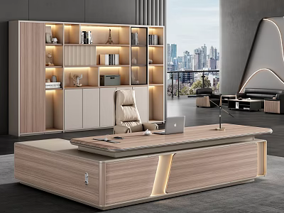 Spacious Modern Luxury Executive Office With LED Lit Wooden Desk And Full Wall Storage Bookcase 3d model