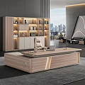Spacious Modern Luxury Executive Office With LED Lit Wooden Desk And Full Wall Storage Bookcase
