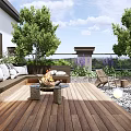 Roof Garden With Wooden Deck Sofa Fire Pit Trees Purple Flowers Outdoor Lighting
