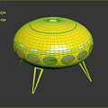 Yellow Flying Saucer Shaped Object With Pink Circular Windows And Thin Legs On Black Background