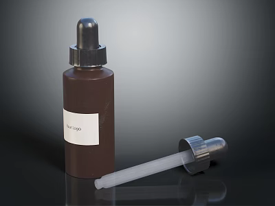 Brown Dropper Bottle With Sample Label Pipette And Cap On Dark Background 3d model