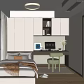 Modern Tatami Bedroom Interior With Bed Blanket Pillows Window Curtains Desk Chair And Natural Light