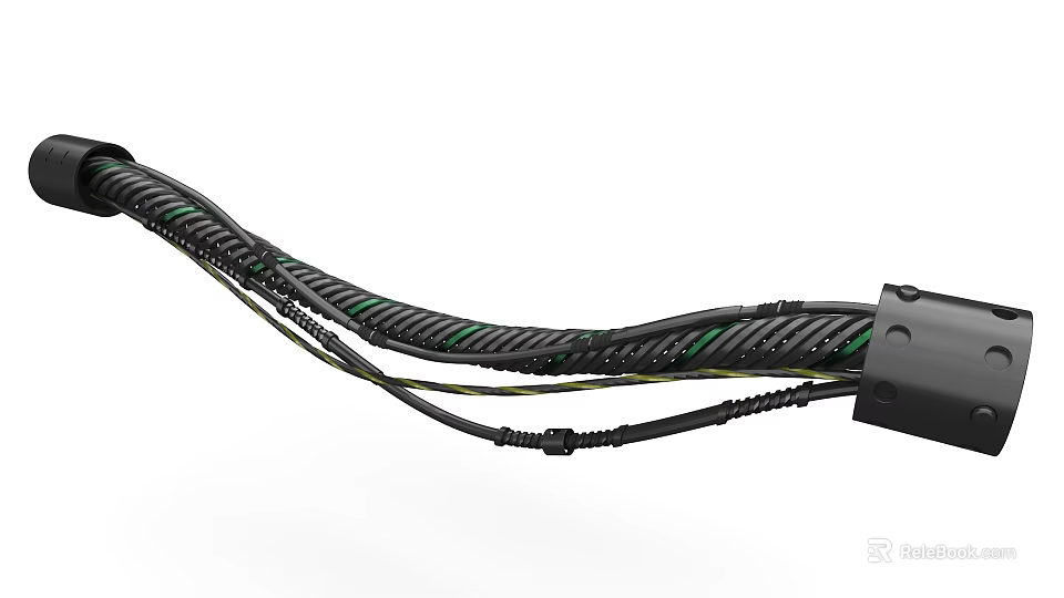 Industrial Equipment Durable Cable Harness With Insulated Green Yellow Wires And Black Protective Sheathing 3d model 