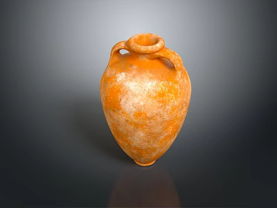 Antique Orange Textured Pottery Vase With Two Handles On Dark Reflective Background 3d model
