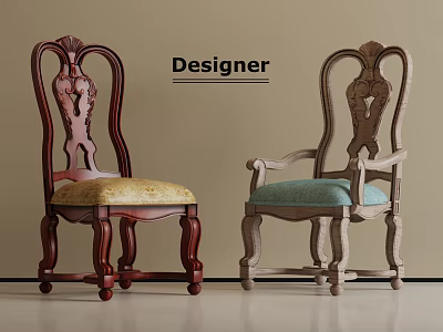 Elegant Designer Dining Chairs Featuring Carved Wooden Frames And Upholstered Seats 3d model