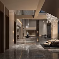 Elegant Modern Hotel Lobby Interior With Skylight Ceiling Circular Water Feature Rockery And Greenery