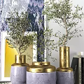 Elegant Decorative Ornament Set With Gold Purple Vases Olive Plants Artworks And Books