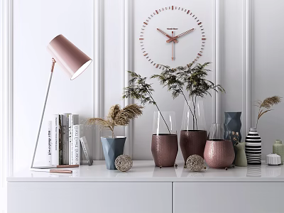 Decorative Ornament Set On White Cabinet With Pink Lamp White Clock Plants Vases And Books 3d model