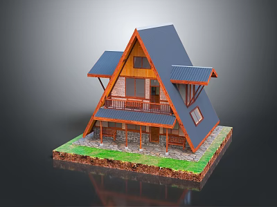 A Frame Two Story Wooden House With Blue Roof Balcony Stone Base And Grass 3d model