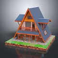 A Frame Two Story Wooden House With Blue Roof Balcony Stone Base And Grass