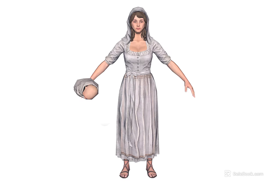 Hooded Woman In Long Sleeved Corset Dress Holding Hat And Wearing Sandals 3d model 