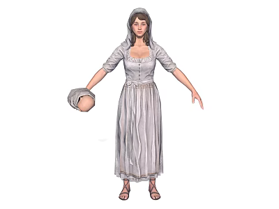 Hooded Woman In Long Sleeved Corset Dress Holding Hat And Wearing Sandals 3d model