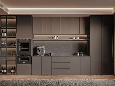 Modern Dark Sideboard With Open Shelves Wine Bottles And Coffee Machine In Dining Area 3d model