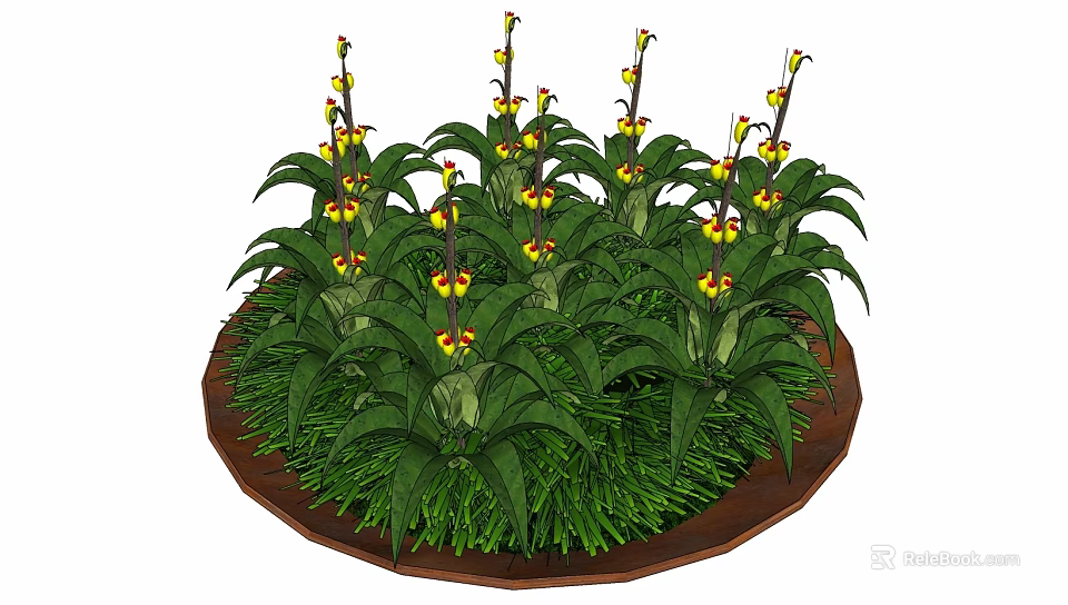 Bonsai Potted Plant with Circular Pot Green Leaves and Yellow Small Flowers 3d model 