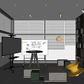 Modern Conference Room With Windows Blinds City View Whiteboard TV Screen Sofa Chair Floor Lamp