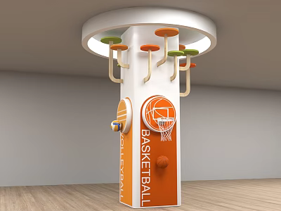 Basketball Themed Decorative Pillar With Orange White Design And Hoop Structure 3d model