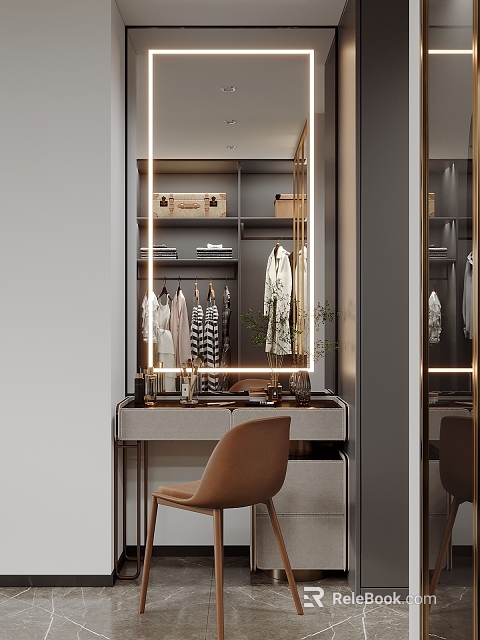 Elegant Modern Dressing Table With Large Mirror And Wardrobe Clothes Hangers Green Plant Decorative Items 3d model 