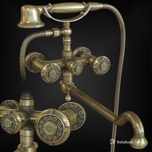 Brass Vintage Shower Faucet With Decorative Knobs And Intricate Carved Details 3d model 