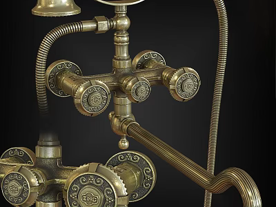 Brass Vintage Shower Faucet With Decorative Knobs And Intricate Carved Details 3d model