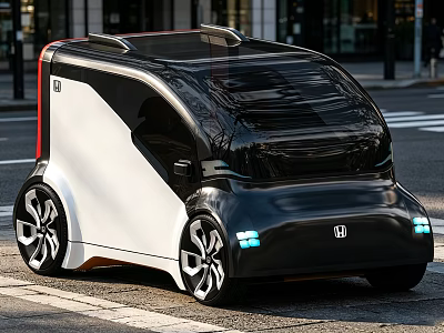 Futuristic Small Car With Black White Body Unique Wheels And LED Lights On Urban Street 3d model