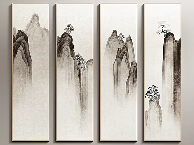 Chinese Ink Painting Artwork With Mountain Scenery And Pine Trees On Vertical Scrolls 3d model