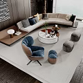 Modern Curved Sofa With Colorful Cushions And Round Coffee Table In Living Room