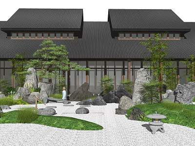 Rockery Stones In Traditional Chinese Courtyard With Classic Architecture Green Trees And Stone Lantern 3d model