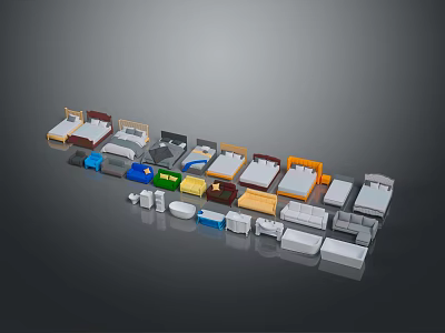Various Colored Furniture Models Including Beds Sofas And Cabinets Arranged In 3d model