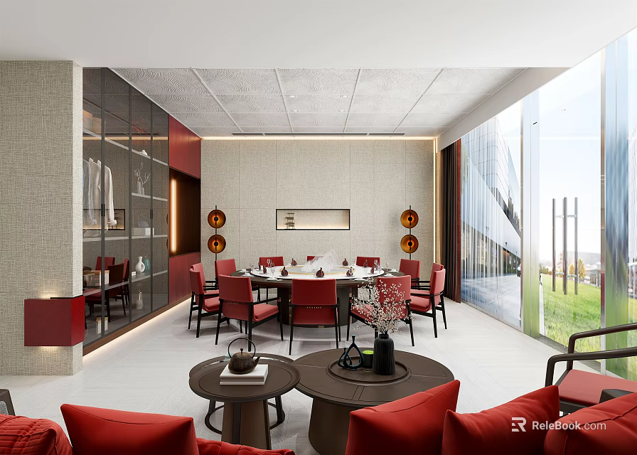 Private Dining Room Modern Interior With Red Chairs Sofa And Large Windows 3d model
