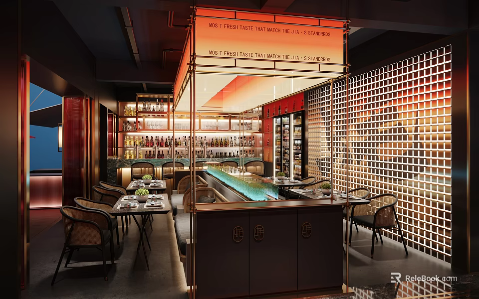 Modern Restaurant Interior With Bar Counter Dining Tables Wine Racks And Warm Lighting 3d model 