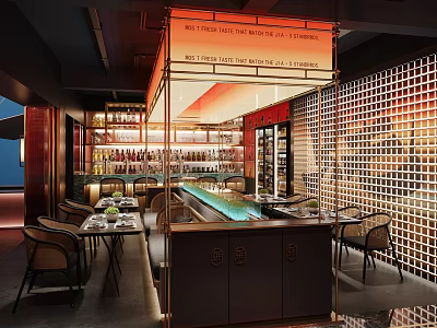 Modern Restaurant Interior With Bar Counter Dining Tables Wine Racks And Warm Lighting 3d model