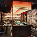 Modern Restaurant Interior With Bar Counter Dining Tables Wine Racks And Warm Lighting