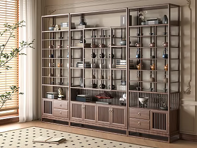 Elegant Chinese Wooden Curio Shelf with Multiple Layers Drawers and Decorative Vases Books 3d model