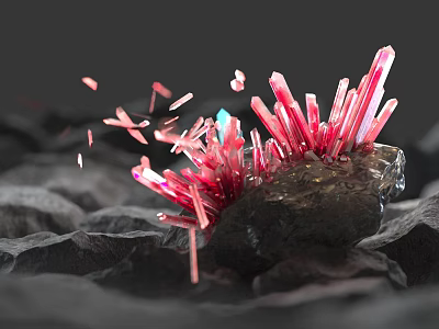 Detailed Red Crystal Cluster With Scattered Shiny Crystals On Rocky Background 3d model